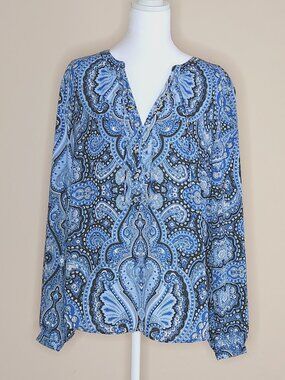 INC Blue Paisley Boho Print Long Sleeve Blouse Size 12